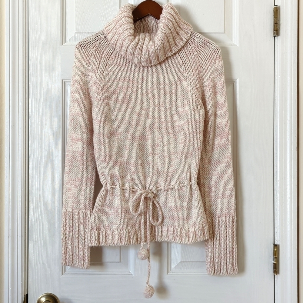 Loft Wool Blend Classic Marled Knit Tie Waist Cowl Neck Sweater Pink Cream M